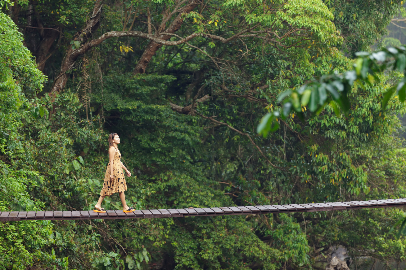 Woman Walking on Jungle Bridge
